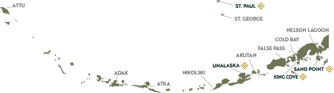 Map of Aleut Region with Quarry locations marked. Quarry locations from left to right read: St. Paul, Unalaska, King Cove, and Sand Point.